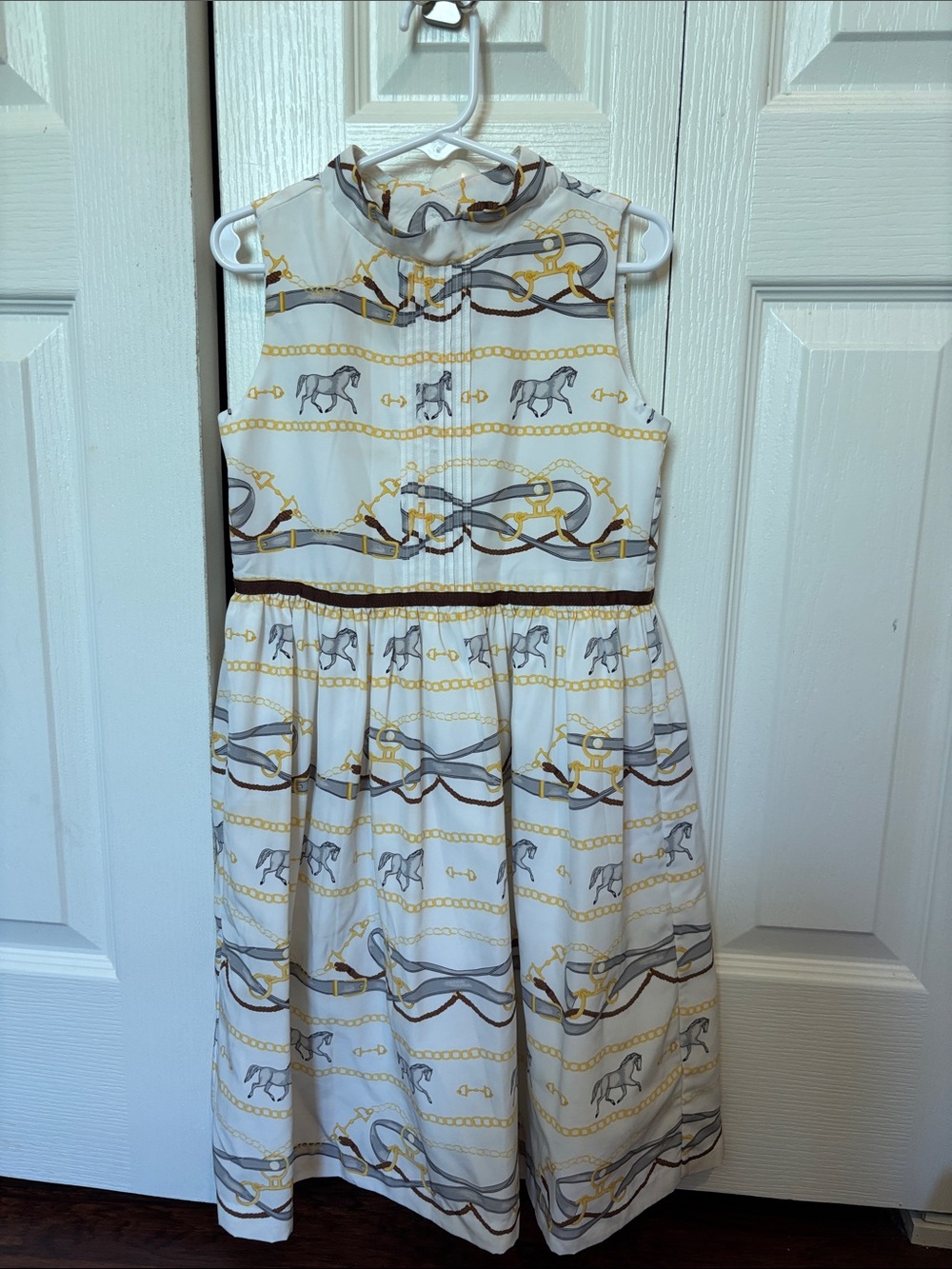 Janie and Jack White Sleeveless Dress with Gold & Gray Horse Print